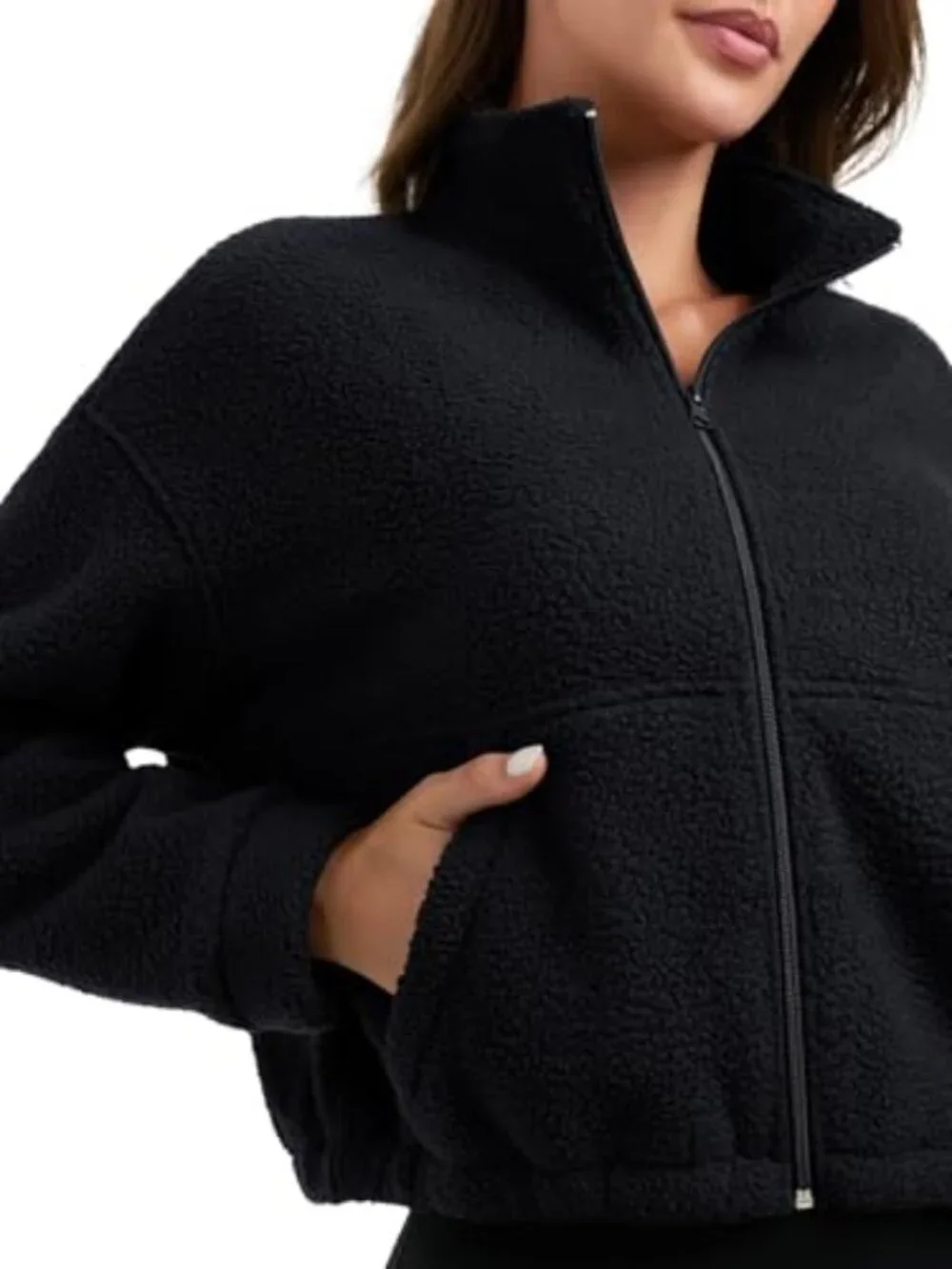 Cropped Fleece Sherpa Jacket, Zip Up, Long Sleeve, Winter Casual - Picture 5 of 7